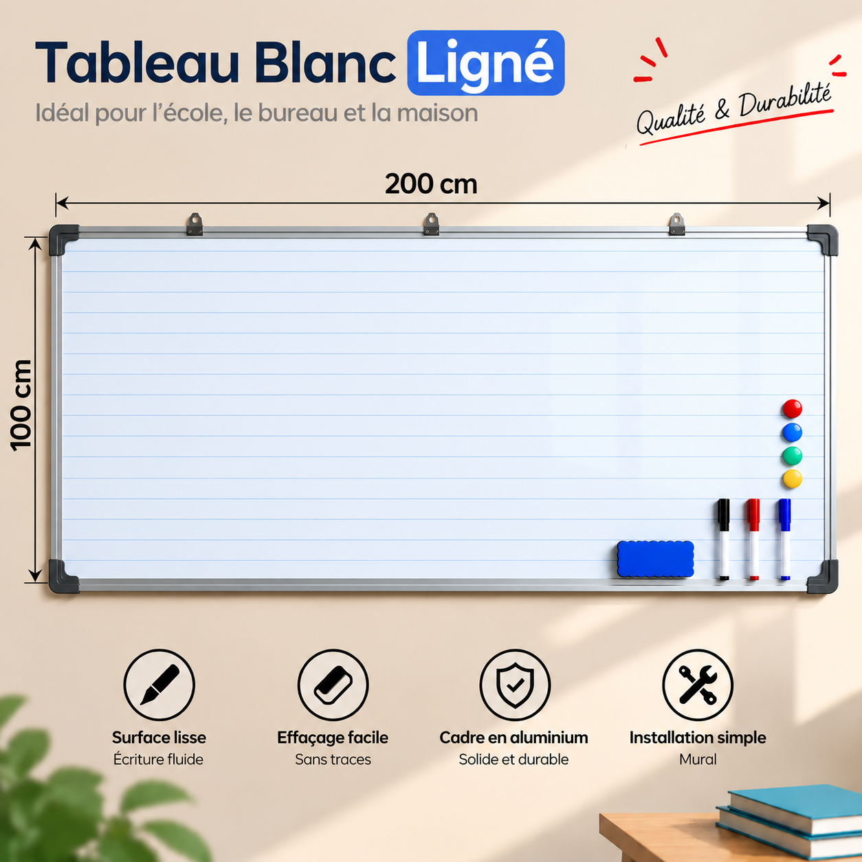 Tableau blanc ligné 200 × 100 cm